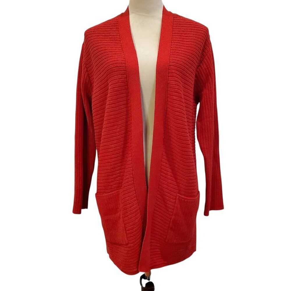 J JILL Womens Cardigan Sweater Red Cotton-Blend Ribbed Knit Open Front Long